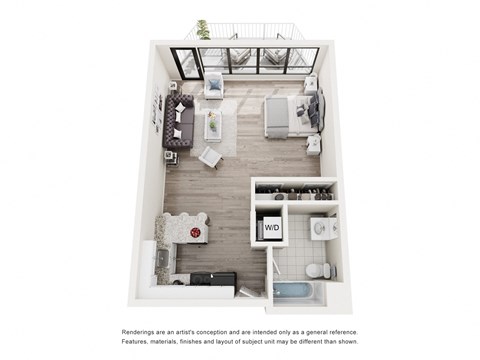 Floor plan for studio, 1 bath, 588 sqft